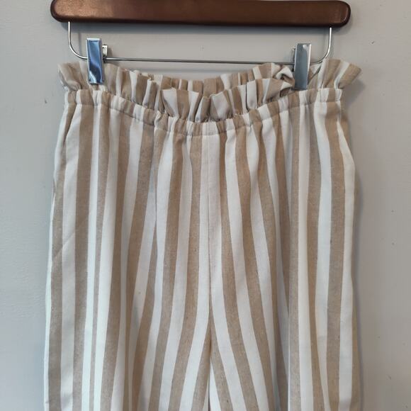 English Factory Sz S Cream Tan Stripe Paperbag Waist Wide Leg Pants High Rise - Picture 2 of 5
